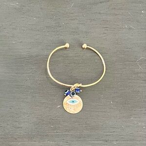 Gold Evil Eye Blue Bead Rhinestone Open Adjustable Bangle Charm Bracelet Protect